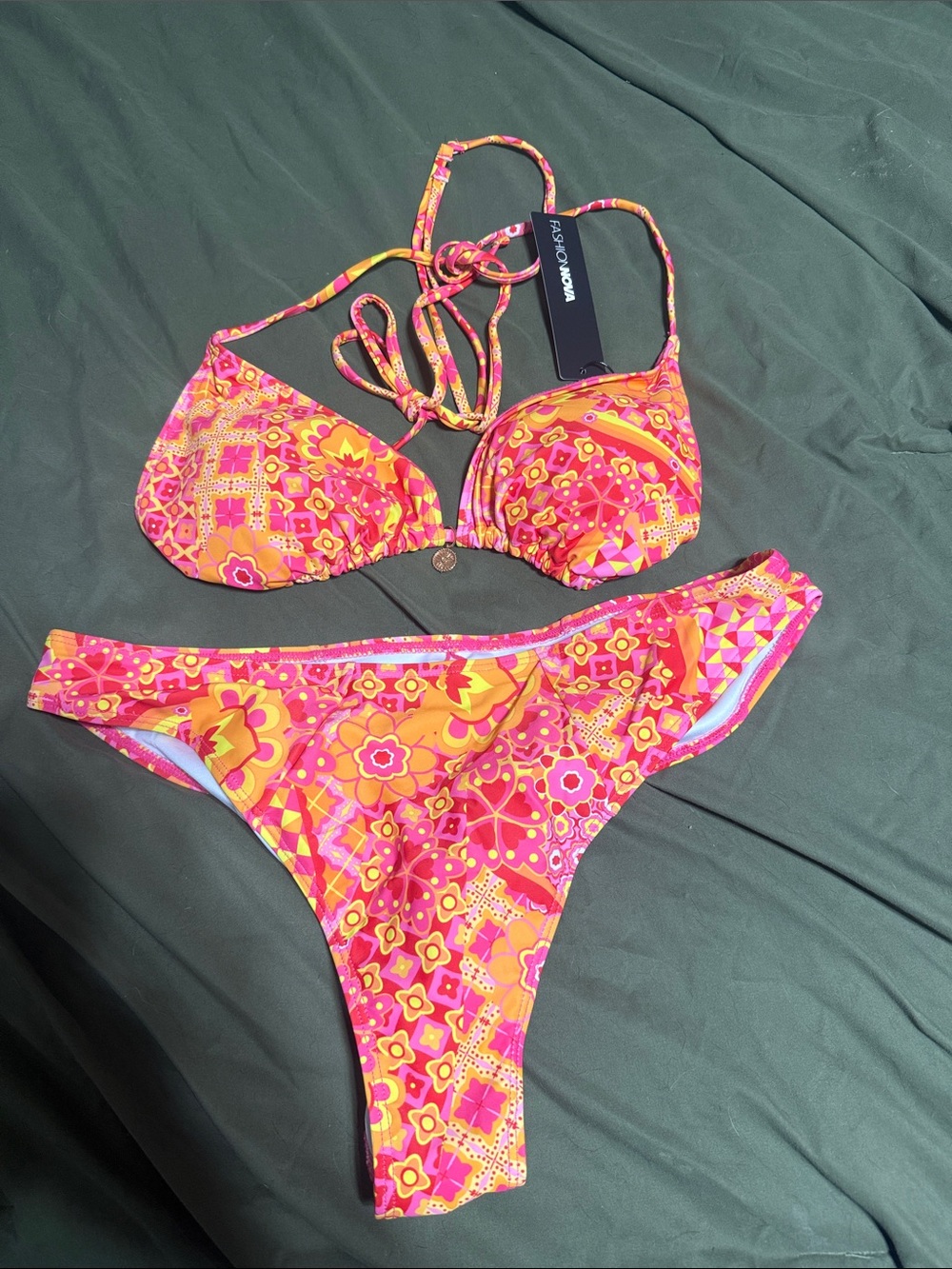 Fashion Nova Pink and Orange Floral Print Bikini